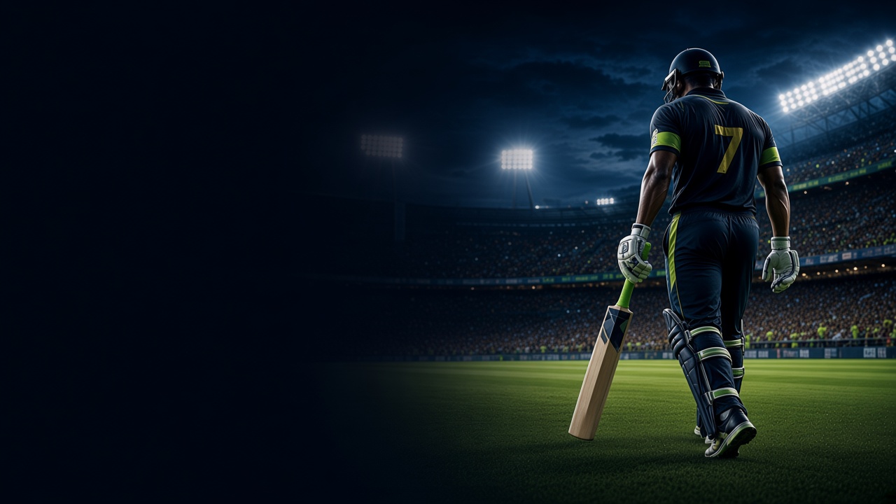 A cricketer in navy and lime, number 7, walking onto a night pitch with a bat in his right hand.